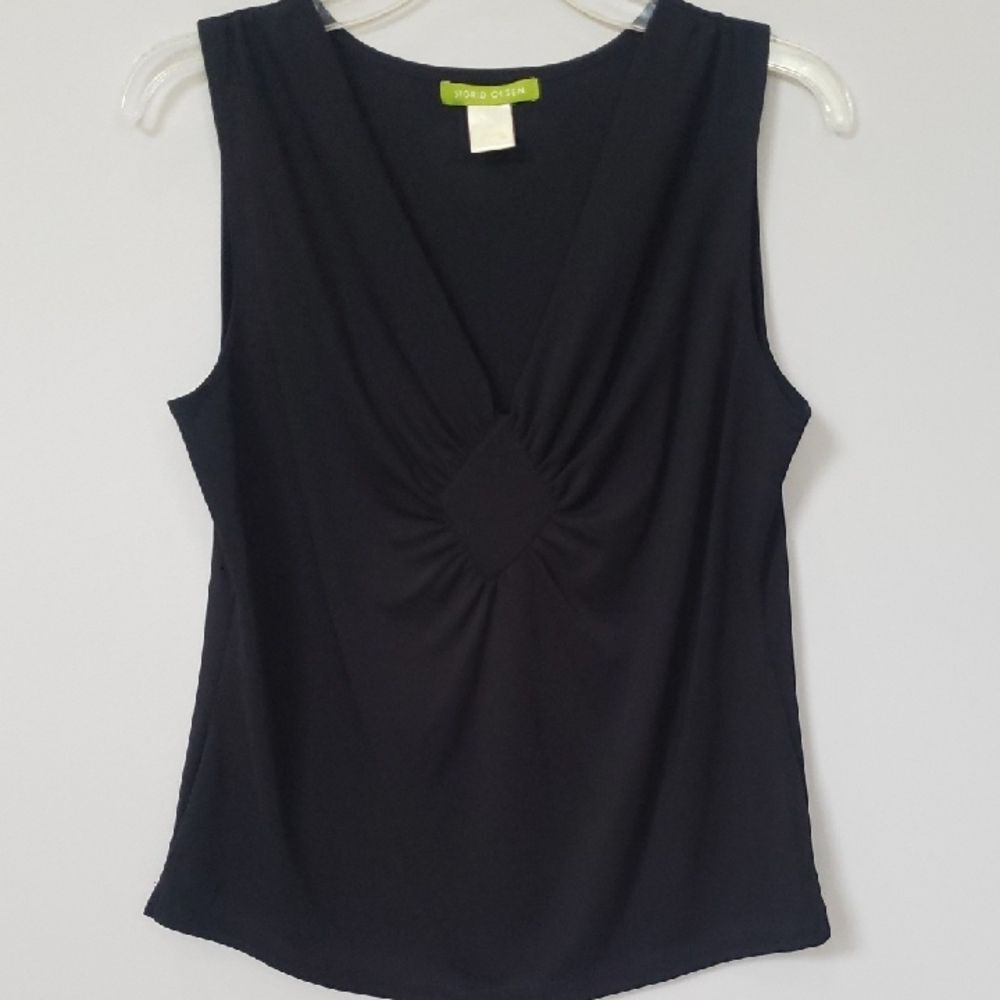 Y2K Sigrid Olsen Top Womens L Black Sleeveless Diamond Gathered V Neck Office